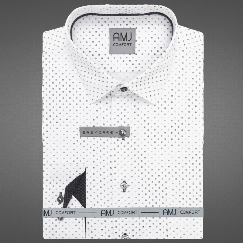 Pánská košile AMJ bavlněná, bílá s černými puntíky VDSBR1413, dlouhý rukáv, slim fit, vel. 44