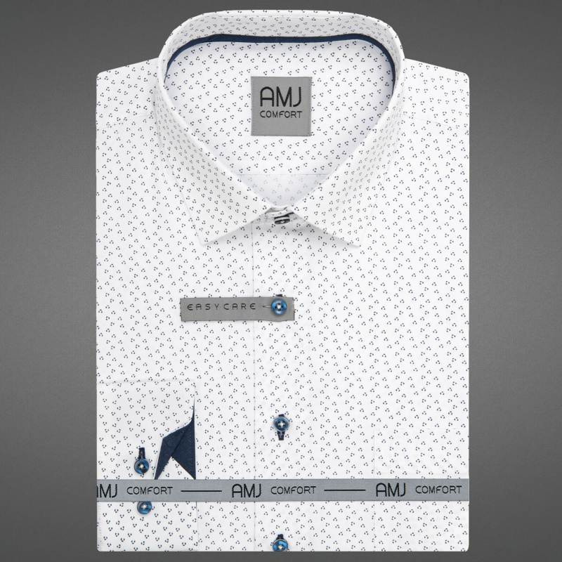 Pánská košile AMJ bavlněná, bílá s puntíky VDSBR1461, dlouhý rukáv, slim fit, vel. 44