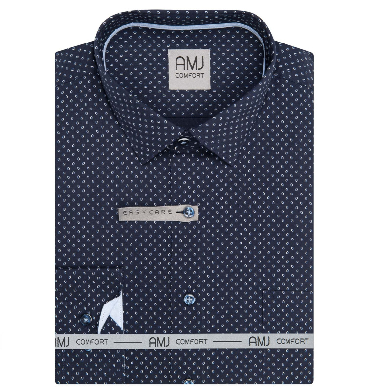 Pánská košile AMJ bavlněná, tmavě modrá s bílomodrými zrnky VDSBR1480, dlouhý rukáv, slim fit, vel. 44