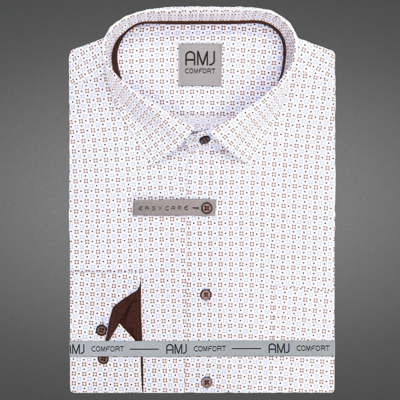 Pánská košile AMJ bavlněná, bílá s hnědomodrými kosočtverečky VDSBR1486, dlouhý rukáv, slim fit, vel. 45