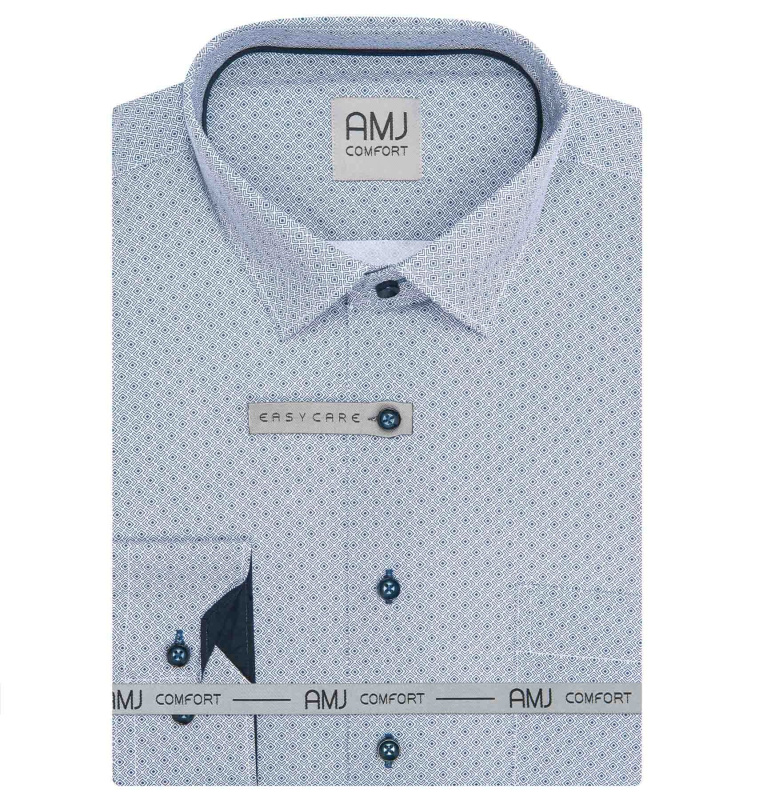 Pánská košile AMJ bavlněná, modro-bílá s kostkami VDBPSR1475, dlouhý rukáv, prodloužená délka, slim fit, vel. 45