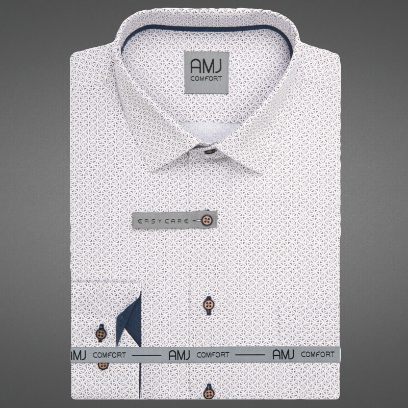 AMJ Pánská košile bavlněná, bílá s modro béžovým vzorem VDSBR1462, dlouhý rukáv, slim-fit, vel. 45
