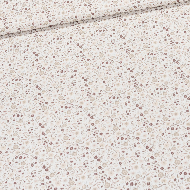 Bavlněné plátno PERKÁL DIGITÁLNÍ TISK 513000, béžové květinky na bílé, š.150cm (látka v metráži)