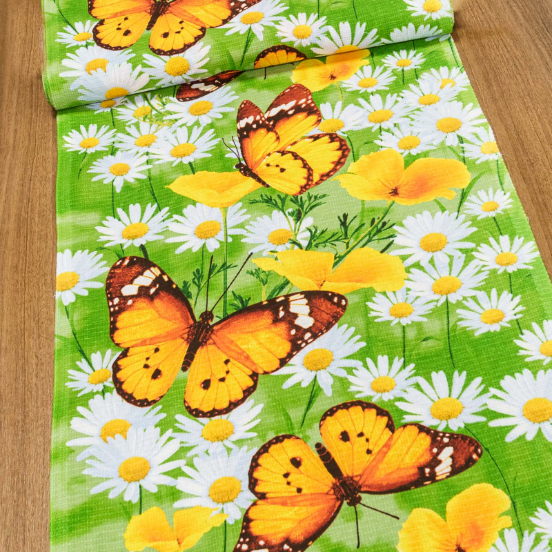 Bavlněné plátno vaflovina, utěrkovina / štola na metráž 703023 kopretiny a motýli na zelené, š. 50cm (látka v metráži)