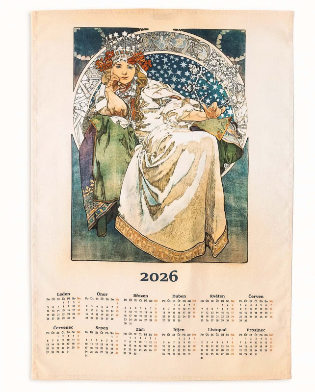 Matějovský Textilní kalendář, utěrka  ALFONS MUCHA 2026, béžová panna, 50x70cm, bez hůlky
