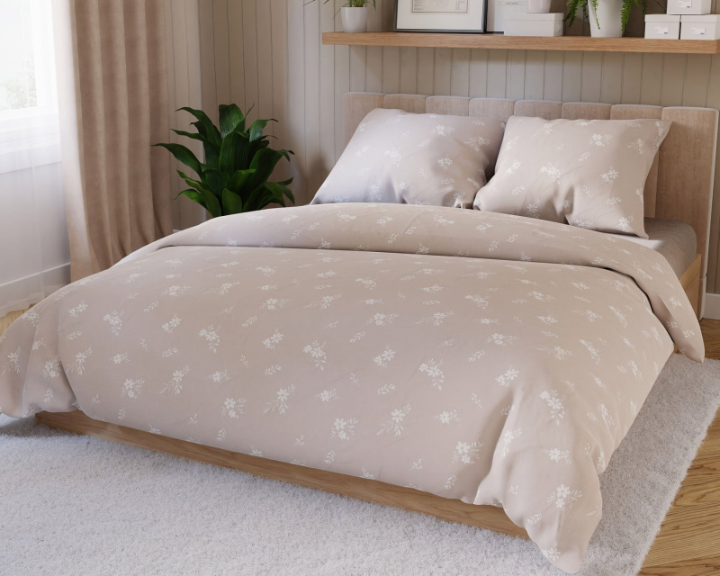 Forbyt povlečení VELORA, bílé květy, béžové, bavlněný satén, 140x200cm + 70x90cm