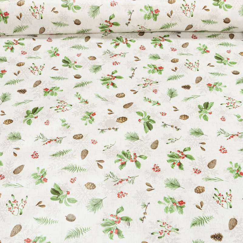 Kubík ubrus PVC s textilním podkladem vánoční N5R/01 šišky na krémovém pozadí s vločkami, š.140cm (metráž)