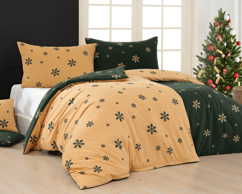 Matějovský Povlečení VLOČKY ZELENÉ, zimní vzor, bavlna hladká, 140x200cm + 70x90cm