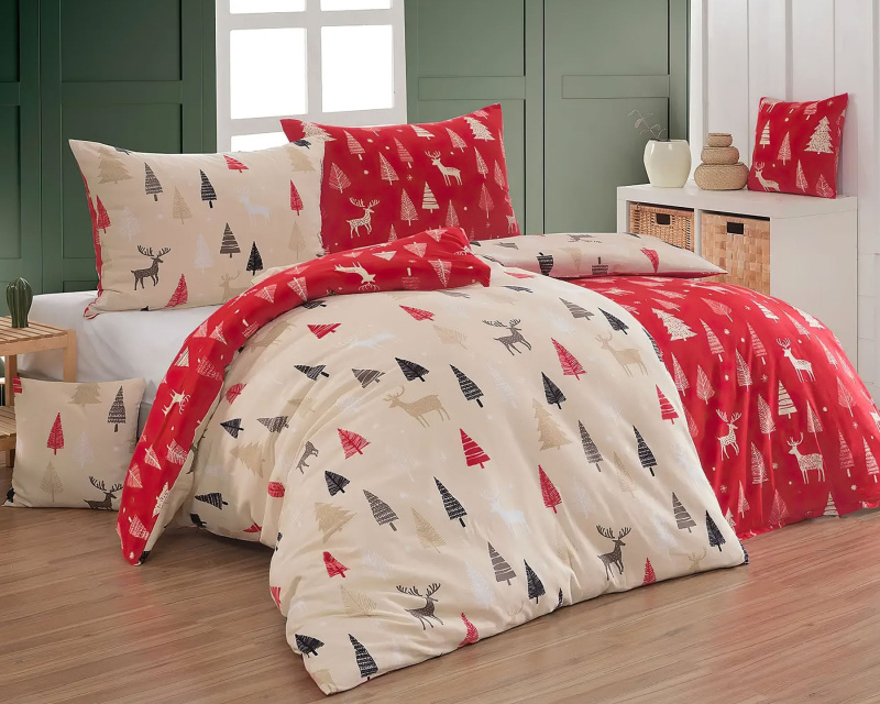 Matějovský Povlečení PATTI, stromečky červeno-béžové, flanel premium, 140x220cm + 70x90cm