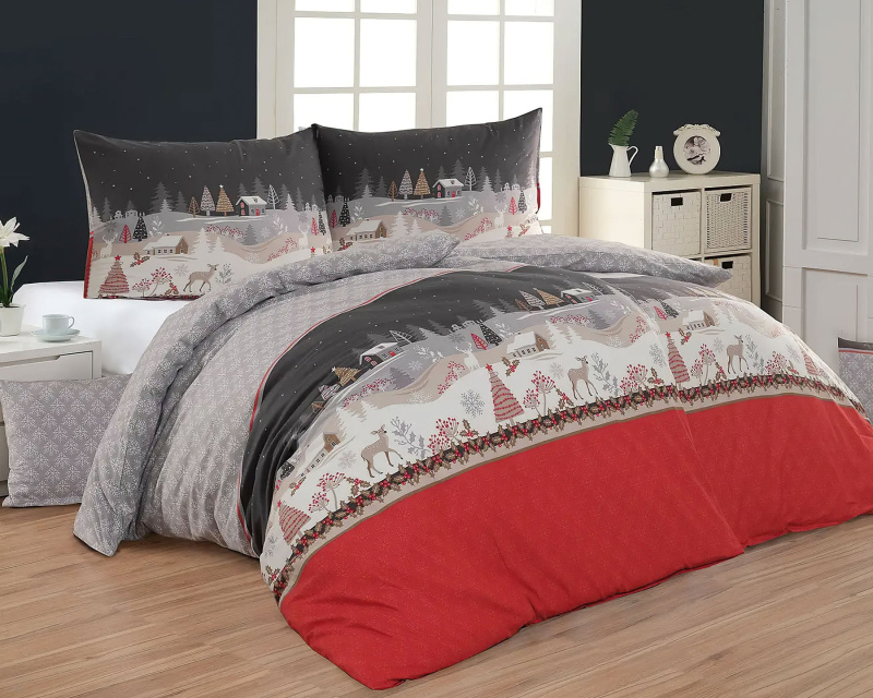 Matějovský Povlečení MAGNUS, vánoční motiv, červeno-šedé, flanel premium, 140x200cm + 70x90cm