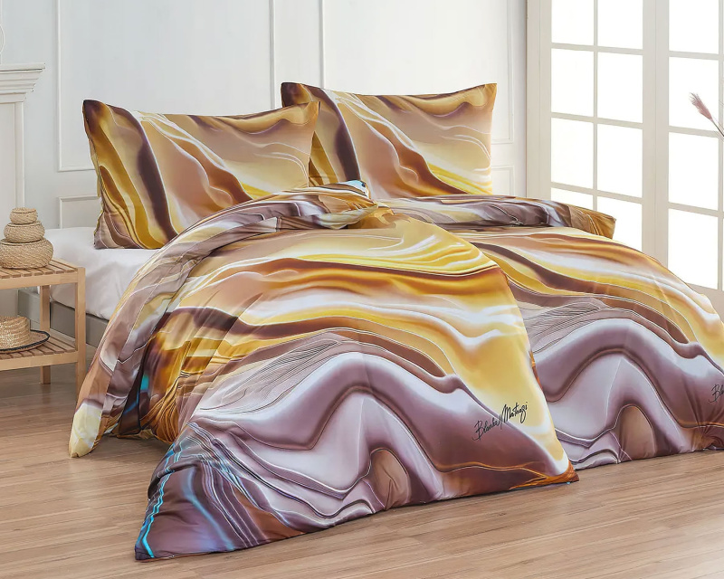 Sada 2 ks povlečení BLANKA MATRAGI - AURUM, zlaté, béžové a hnědé vlny, bavlněný MAKO satén, digitál, 140x200cm + 70x90cm, 2. jakost (nepatrná vada)