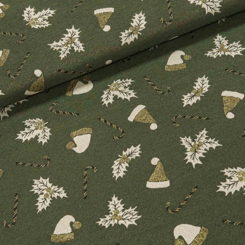 Směsové plátno vánoční AQUINALDO 100 VERDE, vánoce na tmavě šedozelené, š.140cm (látka v metráži)