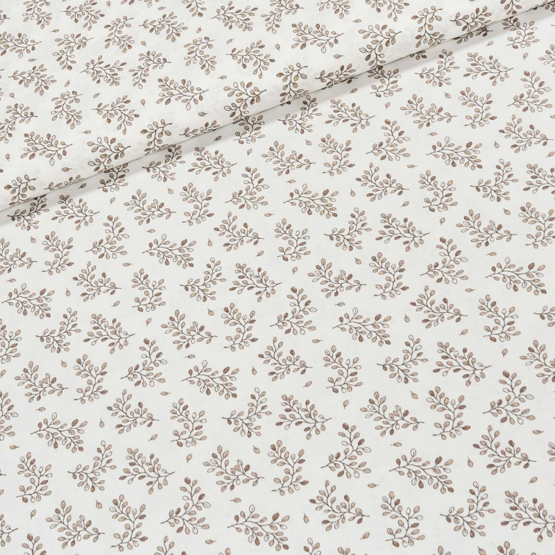 Bavlněné plátno ELIŠKA béžové větvičky na bílé , š.160cm (látka v metráži)