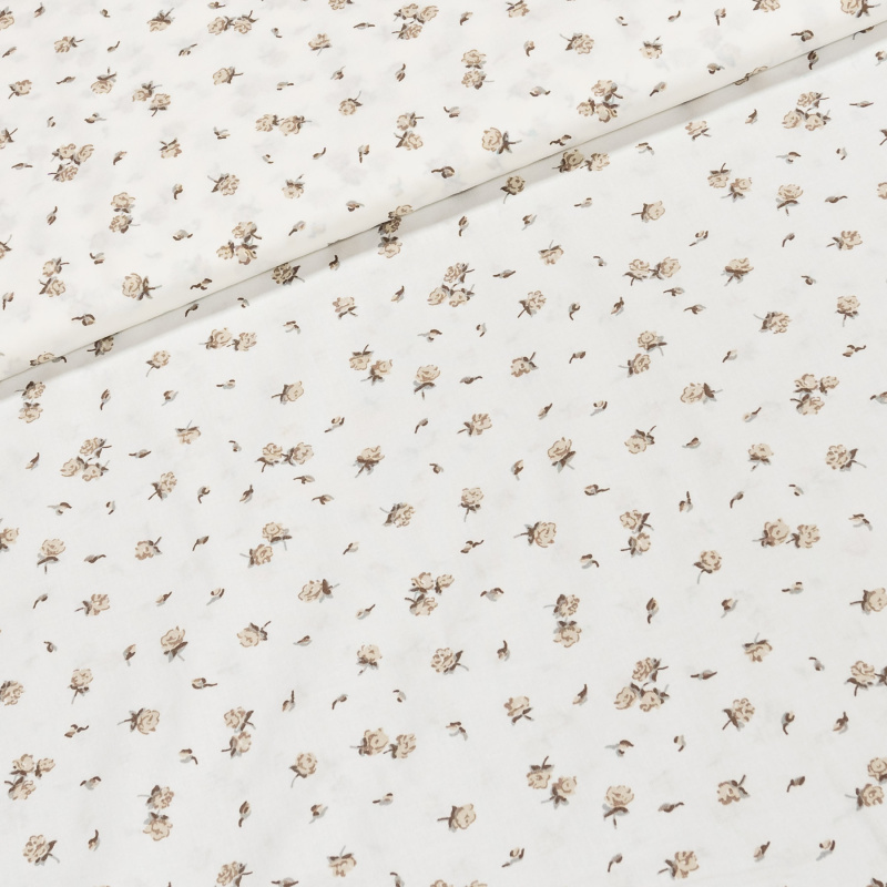Bavlněné plátno ELIŠKA béžové růžičky na bílé, š.160cm (látka v metráži)