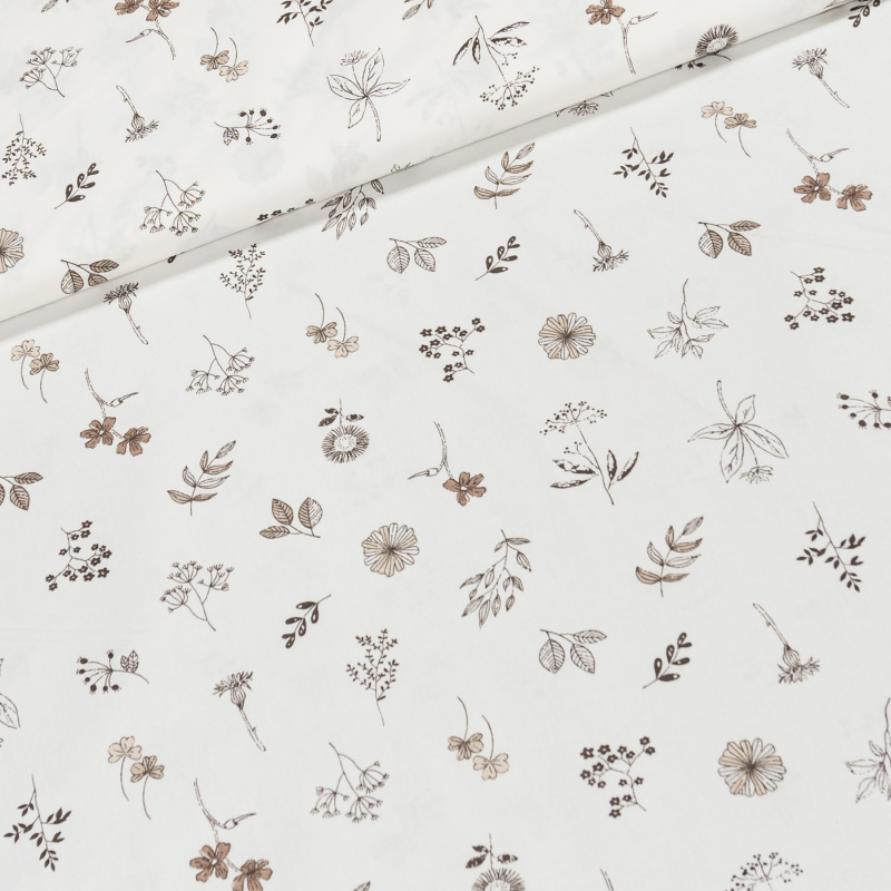 Bavlněné plátno ELIŠKA hnědé bylinky na bílé, š.160cm (látka v metráži)
