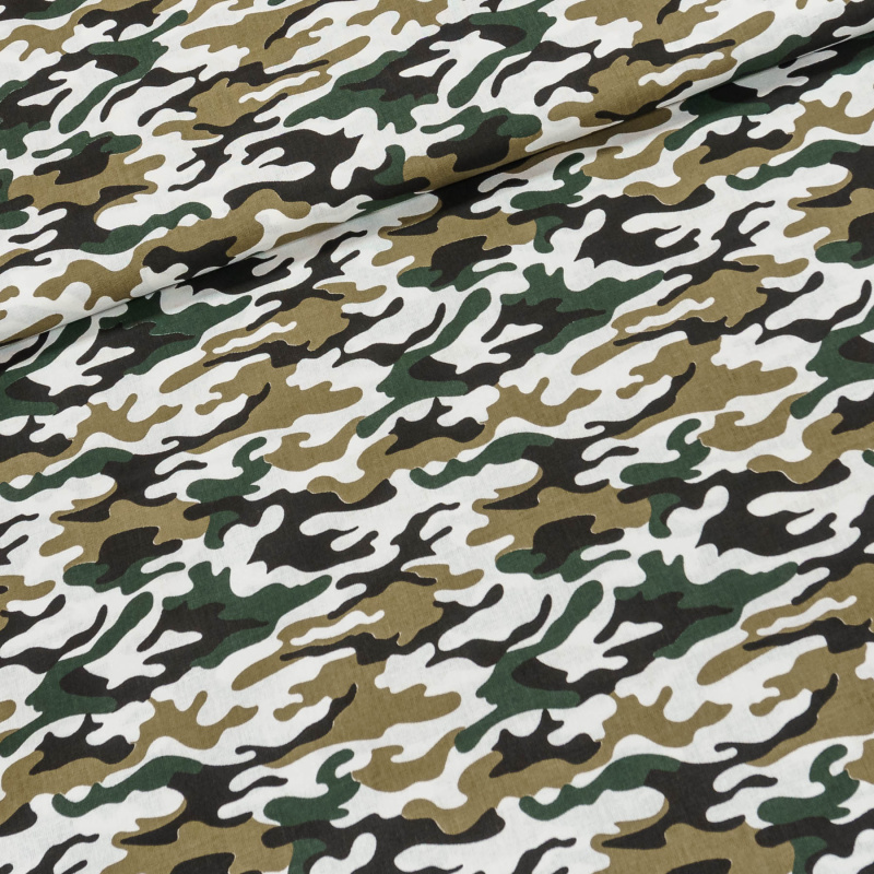 Bavlněné plátno POLO zeleno-bílo-hnědý maskáčový vzor, š.160cm (látka v metráži)