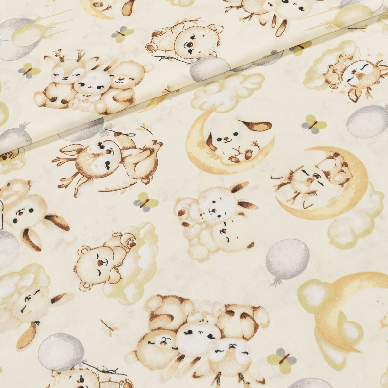 Bavlněné plátno dětské POLO hnědý medvídek na měsíčku na smetanové š.160cm (látka v metráži)