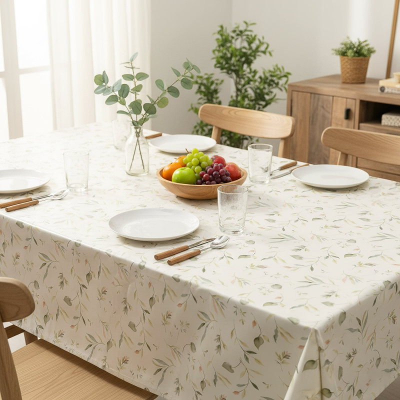 Ubrus PVC s textilním podkladem A44/02, zelené listí na smetanové, š.140cm (metráž)