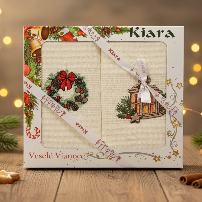 Utěrka KIARA VÁNOCE 66 vaflová vyšívaná, dárkové balení, lucerna a věneček, smetanová, 2 kusy 50x70cm