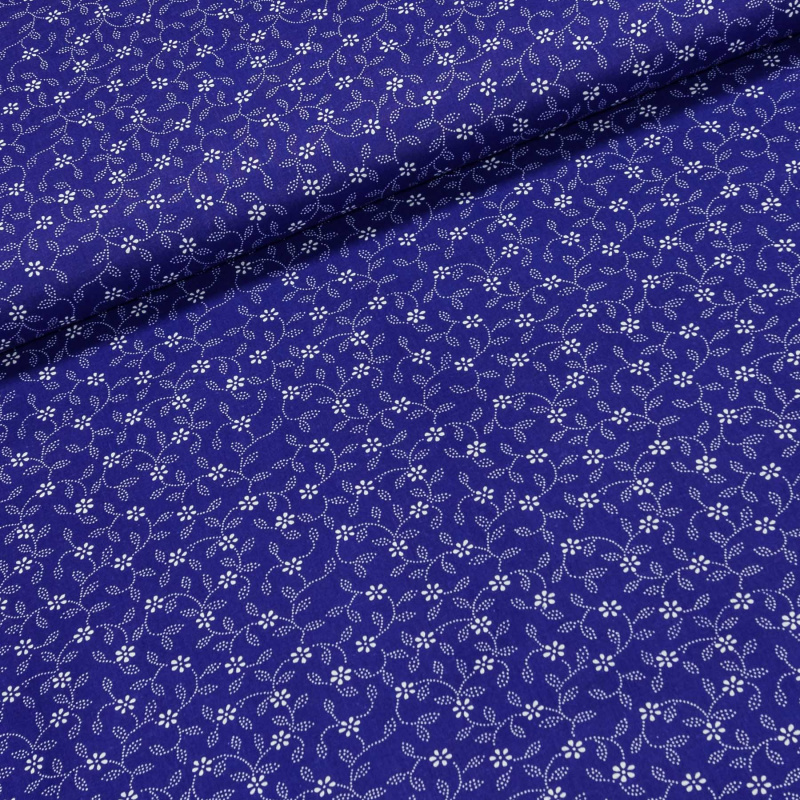 Bavlněné plátno 103000/7420 BLUE, bílé květinky s lístky na modré, š.140cm (látka v metráži)