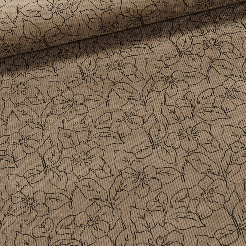 Manšestr směsový elastický Q22819-530D, černé květy na béžové, š.145cm (látka v metráži)