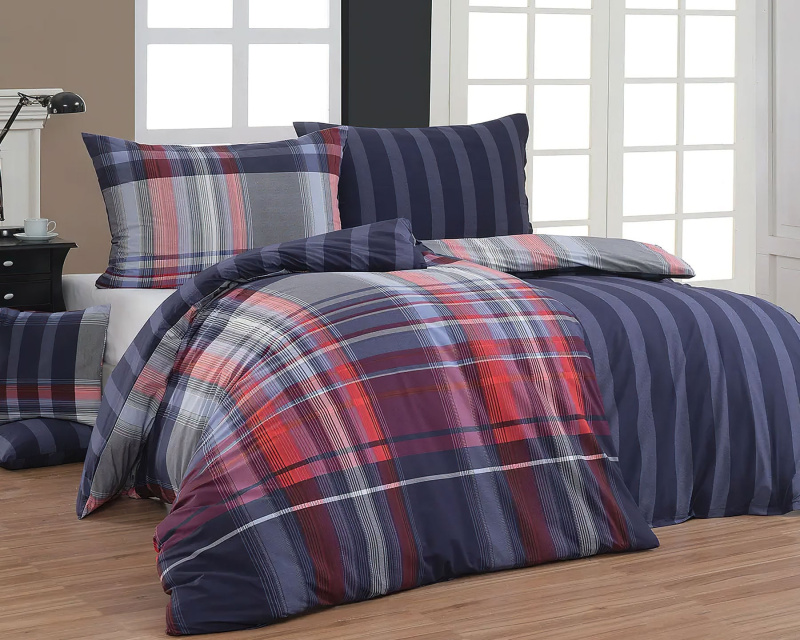 Matějovský Povlečení COHEN, modro-červené káro / proužek21050, bavlna hladká, 140x220cm + 70x90cm
