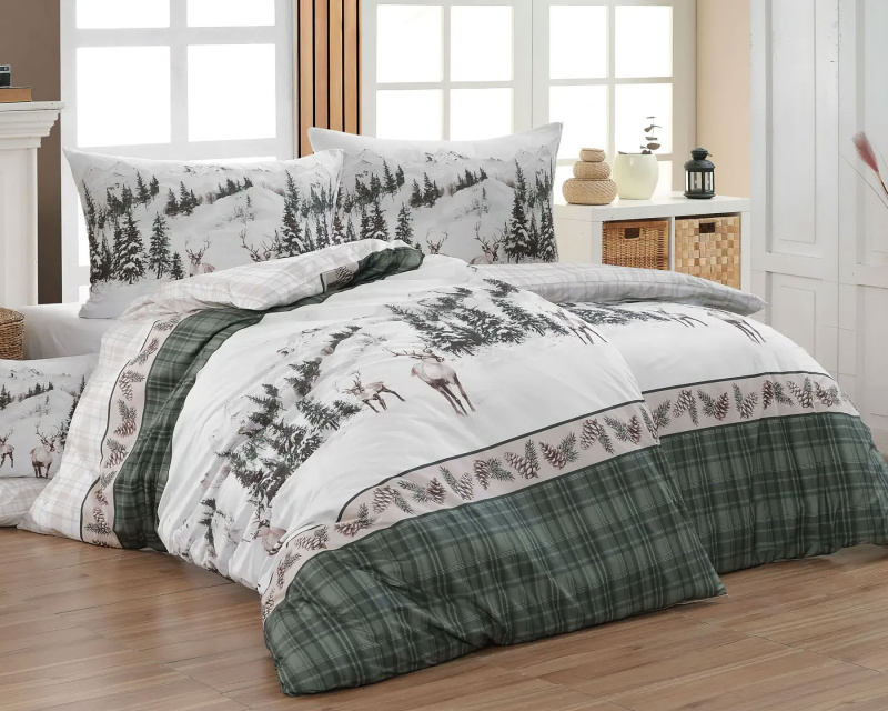 Matějovský Povlečení DEER, jeleni, světle béžové káro, bavlna hladká digitál, 140x220cm + 70x90cm