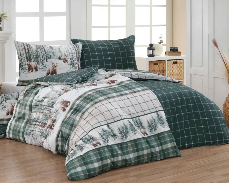 Matějovský Povlečení ORSO, medvědi, zelené kostkované, bavlna hladká digitál, 140x220cm + 70x90cm
