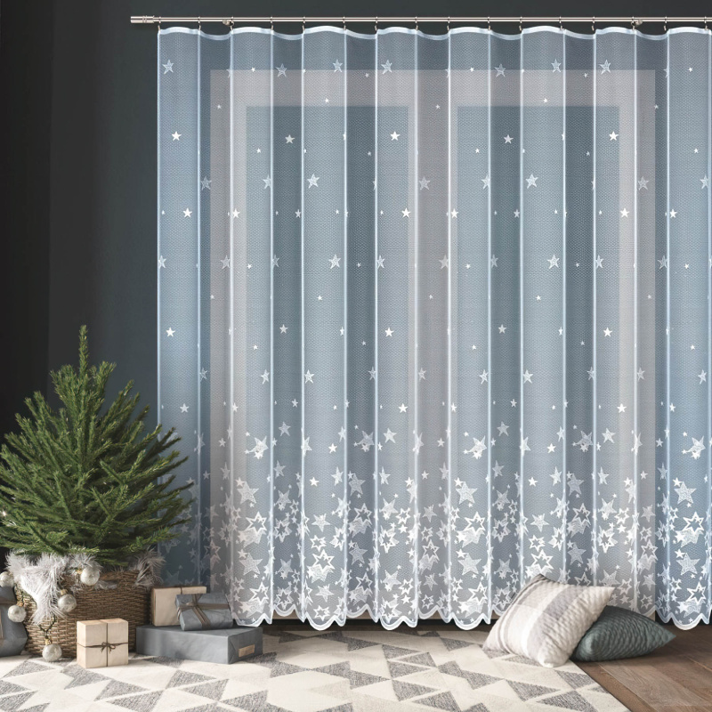 TextilCentrum kusová záclona HVĚZDY 12954, zimní, vánoční vzor, jednobarevná bílá, výška 250 cm x šířka 600 cm (na okno)