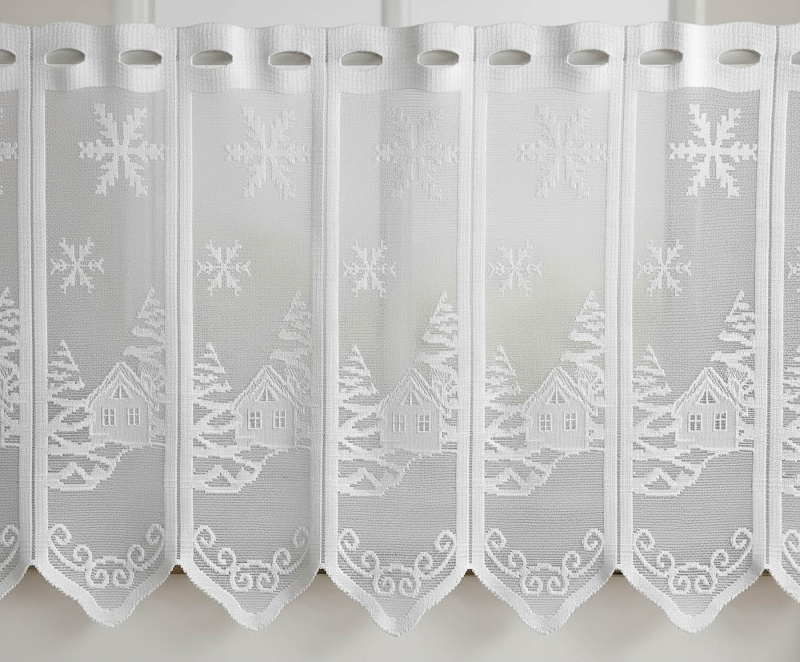 TextilCentrum Kusová záclona ZIMNÍ CHALOUPKY 12125, zimní, vánoční vzor, jednobarevná bílá, výška 60 cm x šířka 250 cm (na okno)