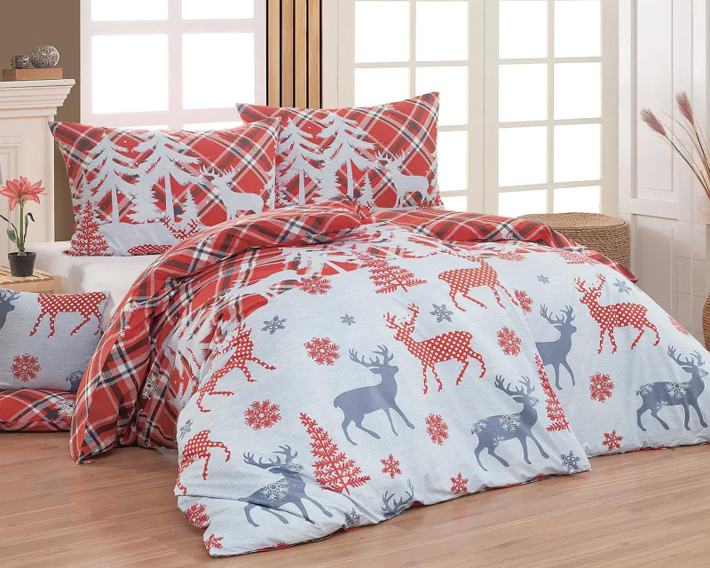 Matějovský Povlečení ORFEO, zimní jeleni, červeno-bílé, bavlna hladká, 140x200cm + 70x90cm