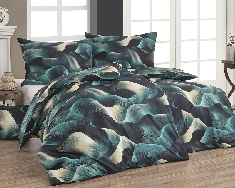 Matějovský Povlečení  NORMAN, černo-zelené vlny, bavlna hladká digitál, 140x200cm + 70x90cm