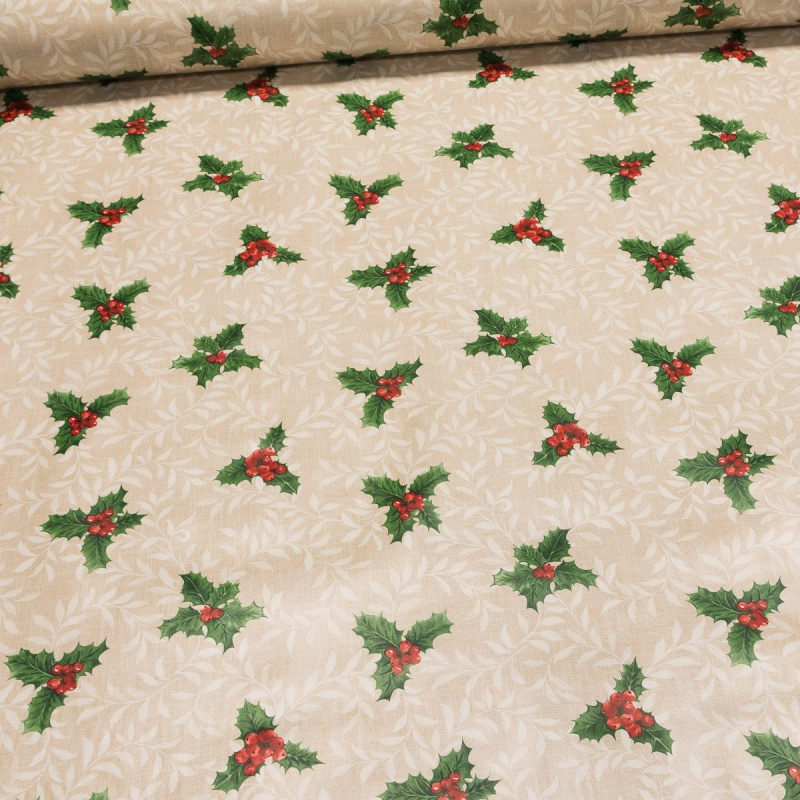 Ubrus PVC s textilním podkladem vánoční N48/01 cesmína na béžové, š.140cm (metráž)