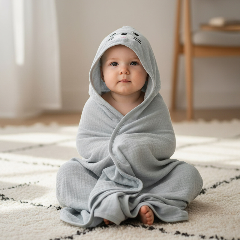 Cuddle Dětská bavlněná látková / mušelínová osuška MUŠELÍN S KAPUCÍ tuleň silver, 130g/m2, 80x80cm