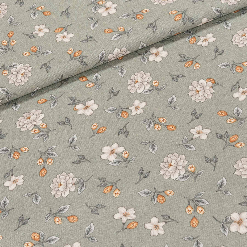 Směsové plátno ZELENÁ ETNA,  květy na na šedo-zelené, š.140cm (látka v metráži)