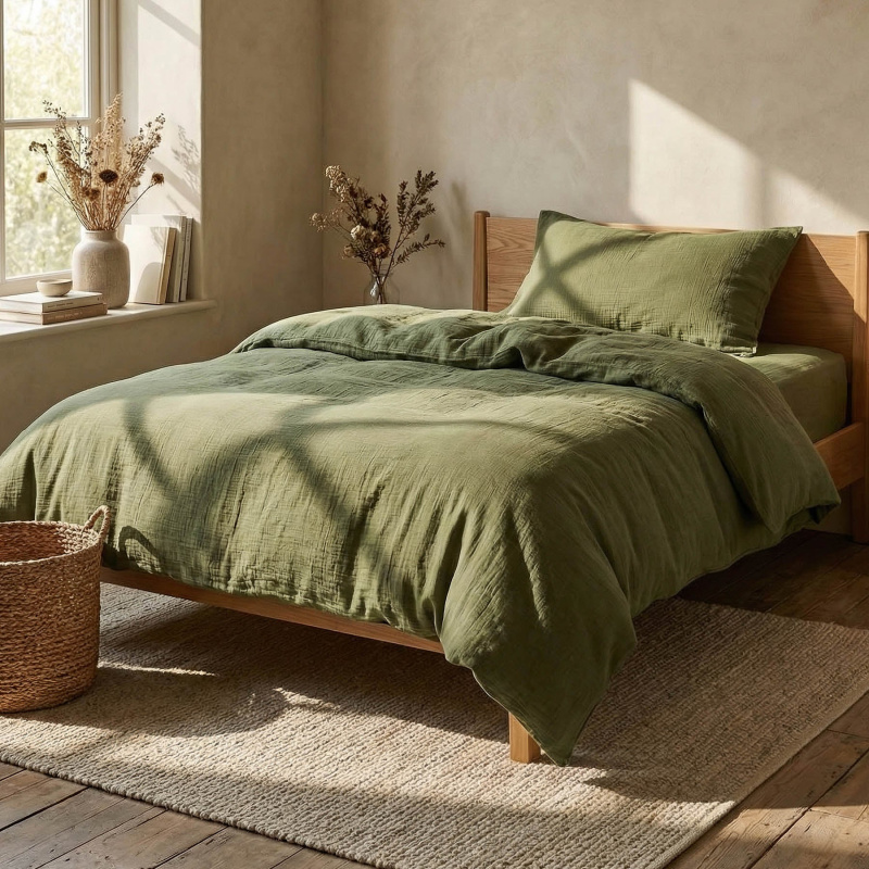 Prem Povlečení MUŠELÍN PREMIUM OLIVOVÁ, jednobarevné, zelená, mušelín, 140x200cm + 70x90cm