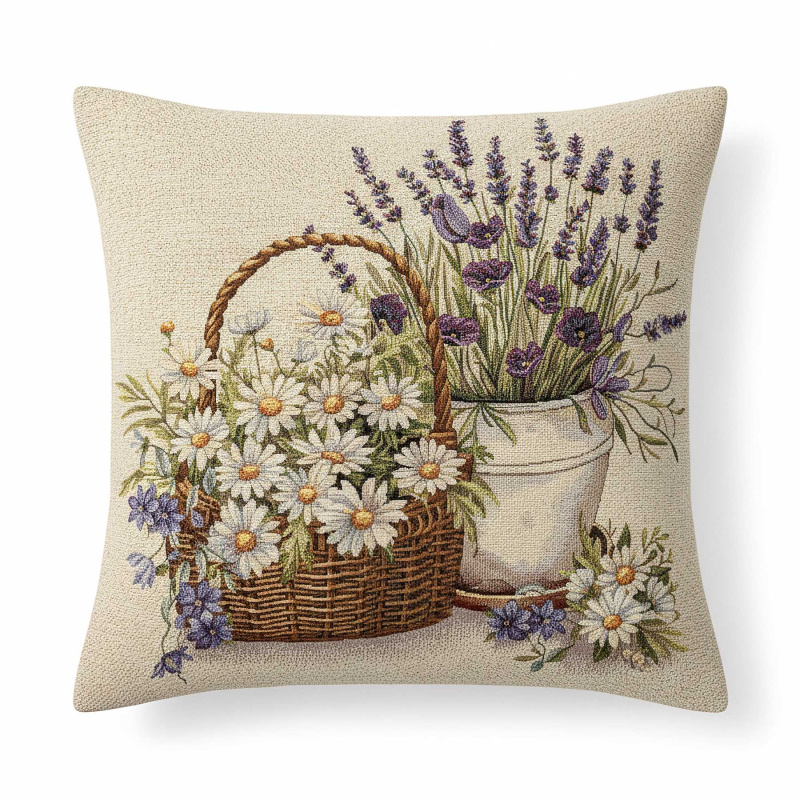 Dekoratex Dekorační povlak na polštářek RETRO LEVANDULE A KOPRETINY V KOŠÍKU, béžová 45x45cm