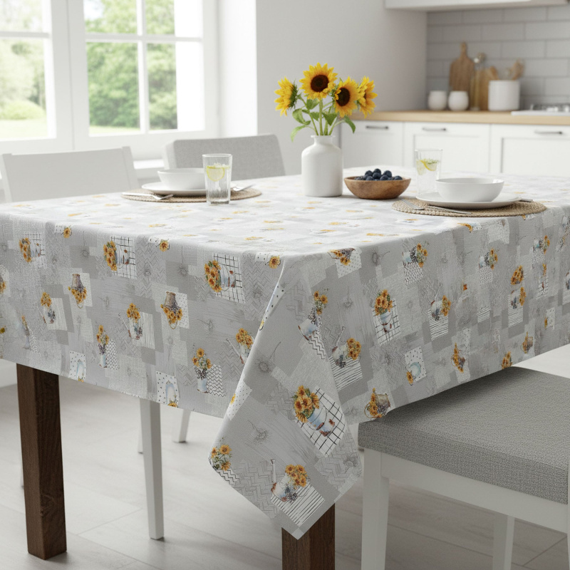 Ubrus PVC s textilním podkladem 1247-2, slunečnice v konvičce, šedá, š.140cm (metráž)