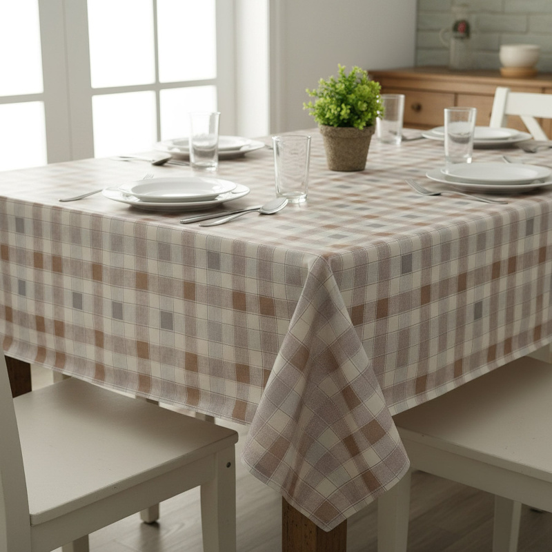 Ubrus PVC s textilním podkladem 1353-01, klasické káro, béžovo-hnědá, š.140cm (metráž)