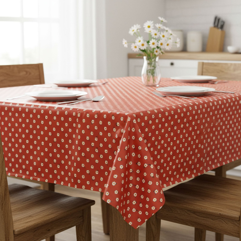 Ubrus PVC s textilním podkladem 1725-02, sedmikrásky na červené, š.140cm (metráž)