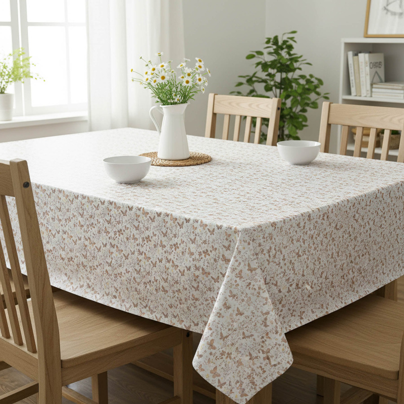 Ubrus PVC s textilním podkladem 1784-03, motýlci hnědí na bílém, š.140cm (metráž)