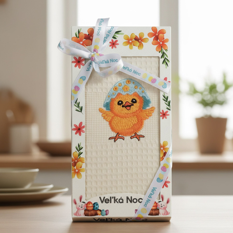 Utěrka KIARA VELIKONOCE 07 vaflová vyšívaná, dárkové balení, kuřátko se skořápkou na smetanové, 1 kus 50x70cm