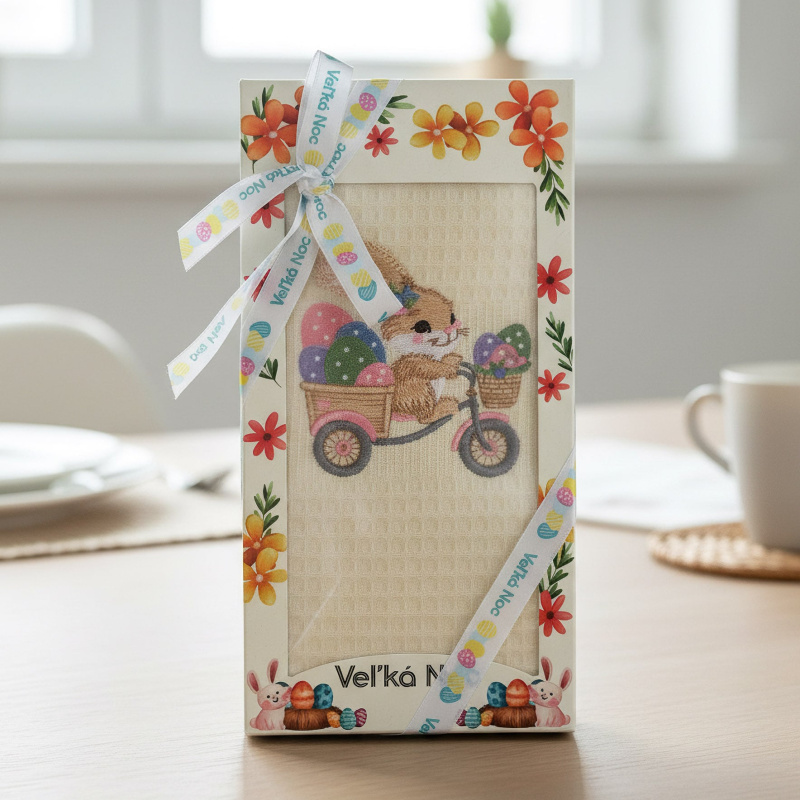 Utěrka KIARA VELIKONOCE 08 vaflová vyšívaná, dárkové balení, zajíček na kole na smetanové, 1 kus 50x70cm