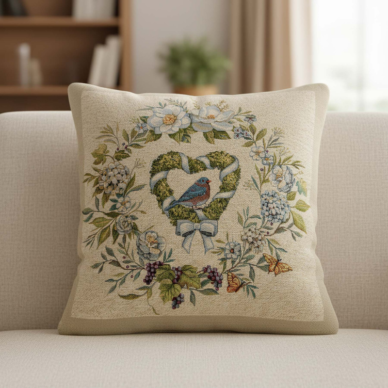 Dekoratex Dekorační povlak na polštářek RETRO KVĚTINOVÝ VĚNEČEK A PTÁČEK, režná  45x45cm