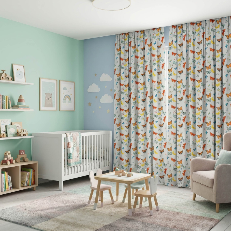 Orbytex zatemňovací / termoizolační závěs dětský, blackout 10127-3, barevní motýlci na bílé, šířka 150cm (látka v metráži)