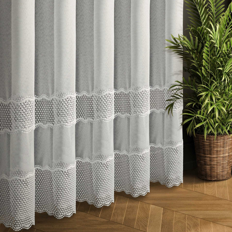 Eurofirany Záclona sablé 25031, vyšívaná mřížka, s bordurou, bílá, bílá, výška 290cm ( v metráži)