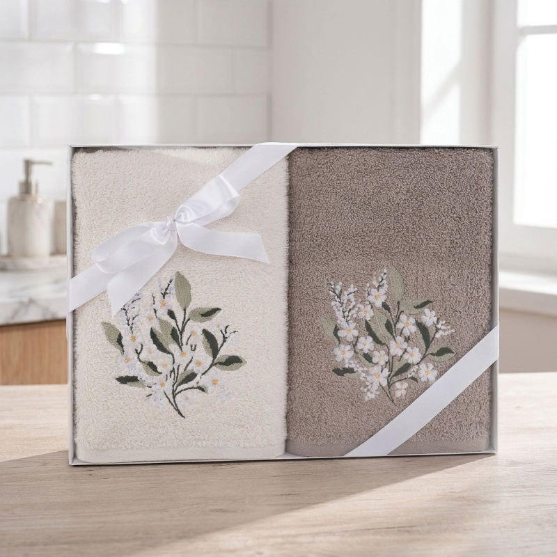 Praktik dárkový set froté ručníků SANY 04, bílé květiny, bílo-béžová, 2x 50x90cm