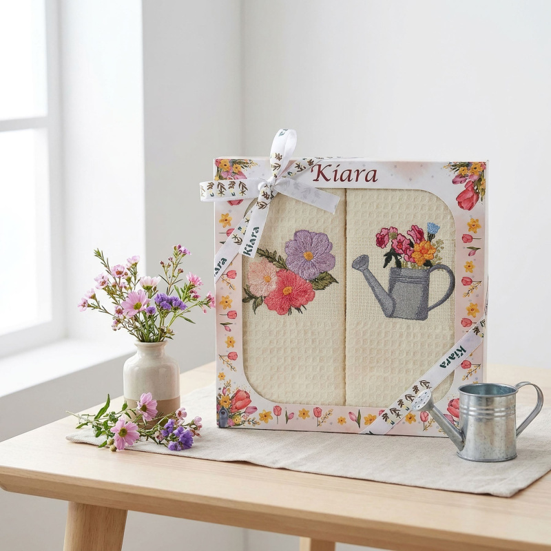 Utěrky KIARA 163 vaflové vyšívané, dárkové balení, konvička s květinami na smetanové, 2 kusy 50x70cm