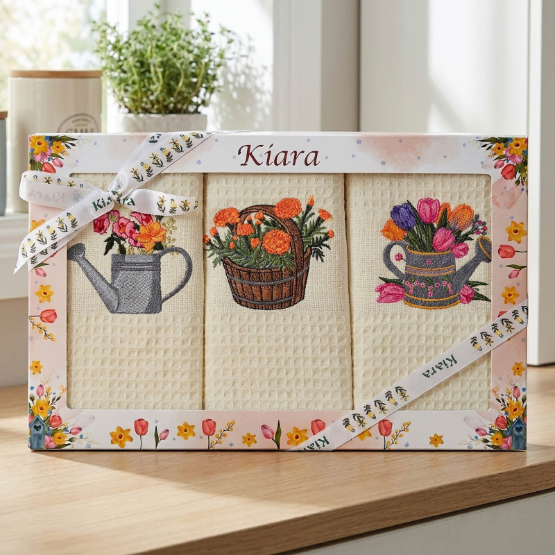 Utěrky KIARA 117 vaflové vyšívané, dárkové balení, květiny v konvičce a košíku na smetanové, 3 kusy 50x70cm