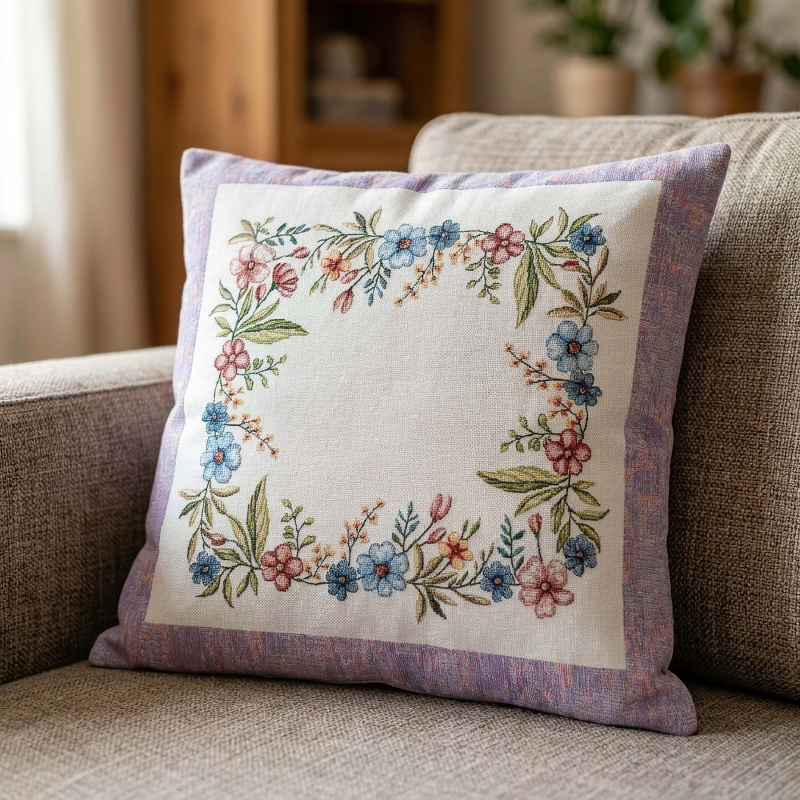 Dekoratex Dekorační povlak na polštářek RETRO CHENILLE, drobné květy, fialový rámeček 45x45cm